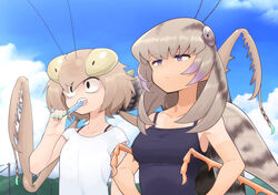  2girls alternate_color antennae arm_at_side arthropod_girl black_eyes black_tank_top blue_sky breasts brown_hair bug commentary_request day eating evolvingmonkey eyeshadow food grasshopper grasshopper_inoue hands_on_own_hips highres holding holding_food insect_wings makeup mantis_akiyama mantis_girl medium_breasts medium_hair monster_girl multiple_girls original outdoors popsicle praying_mantis purple_eyes purple_eyeshadow sharp_teeth shirt short_sleeves side-by-side sky t-shirt tan tank_top tanlines teeth twintails utility_pole white_shirt wings 