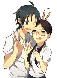  1boy ^^^ black_hair blush commentary_request female glasses low_twintails manami_sangaku miyahara_(yowamushi_pedal) nodokuroame one_eye_closed school_uniform smile twintails v wavy_mouth yowamushi_pedal 