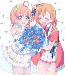  2girls ^_^ ahoge bad_id bad_twitter_id blue_flower blue_rose blush bokura_no_live_kimi_to_no_life bouquet bow bowtie braid choker closed_eyes commentary_request covering_own_mouth cream_(nipakupa) dress earrings elbow_gloves fingers_together flower gloves hair_flower hair_ornament hair_ribbon hand_over_own_mouth holding holding_bouquet in-franchise_crossover inami_anju jacket jewelry kosaka_honoka love_live! love_live!_school_idol_project love_live!_sunshine!! low_twintails multiple_girls nitta_emi one_side_up open_mouth orange_hair petals pleated_skirt red_eyes red_flower red_jacket red_rose ribbon rose see-through short_dress short_hair short_sleeves short_twintails side_braid simple_background skirt sleeveless sleeveless_dress smile steepled_fingers takami_chika tears thank_you_friends!! twintails voice_actor_connection white_background white_dress white_gloves white_skirt 