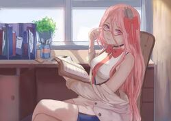  azur_lane bare_shoulders blush book bow breasts chair coat commentary crossed_legs desk dress female finger_to_eyewear glasses hair_between_eyes hair_ornament hair_ribbon hairbow holding holding_book large_breasts lexington_(azur_lane) long_hair long_sleeves looking_at_viewer mllay off_shoulder open_book photoshop_(medium) pink_hair plant potted_plant purple_eyes red-framed_eyewear ribbon semi-rimless_eyewear sitting sleeveless sleeveless_dress sleeves_rolled_up smile solo symbol-only_commentary thighhighs white_coat window 