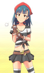  belt blue_hair blush commentary_request female fingerless_gloves gloves head_scarf idolmaster idolmaster_million_live! nanao_yuriko navel pirate pochita_(pochitaiko) short_hair skull_and_crossbones smile solo striped_clothes striped_thighhighs thighhighs yellow_eyes 