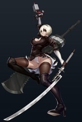  2b_(nier:automata) beastlord_(sword) black_blindfold black_dress black_hairband black_thighhighs blindfold boots breasts chinese_commentary cleavage cleavage_cutout clothing_cutout commentary_request covered_eyes covered_navel covered_nipples dress elbow_gloves feather-trimmed_sleeves female full_body gloves groin hairband high_heel_boots high_heels holding holding_sword holding_weapon juliet_sleeves large_breasts leotard long_sleeves md5_mismatch mole mole_under_mouth nier:automata nier_(series) niur pod_(nier:automata) puffy_sleeves short_hair simple_background skin_tight solo sword thigh_boots thighhighs virtuous_treaty weapon white_hair white_leotard 