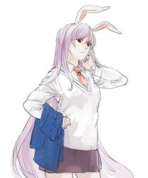  animal_ears asakura_noi blazer commentary_request female jacket light_purple_hair long_hair looking_at_viewer necktie purple_hair rabbit_ears red_eyes reisen_udongein_inaba skirt solo touhou very_long_hair vest white_background 