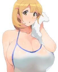  :o bare_shoulders breasts brown_eyes brown_hair cleavage collarbone commentary_request female hair_ornament hairclip highres huge_breasts looking_at_viewer minakami_(flyingman555) narusawa_ryouka occultic;nine parted_lips short_hair simple_background solo sweat swimsuit towel white_background 