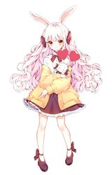  animal animal_ears bad_id bad_twitter_id blush bow brown_bow brown_skirt choker closed_mouth collared_shirt curly_hair female full_body ha_youn high_heels highres holding holding_animal holding_rabbit long_hair looking_at_viewer original rabbit rabbit_ears red_eyes shirt skirt smile solo sweater white_hair white_shirt 