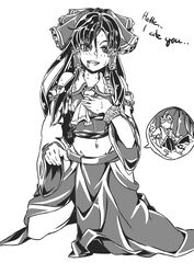  1boy bow commentary_request detached_sleeves english_text female greyscale hair_between_eyes hair_tubes hairbow hakurei_reimu highres long_sleeves luckyb monochrome navel ribbon-trimmed_sleeves ribbon_trim saliva stomach_(organ) touhou vore wide_sleeves 