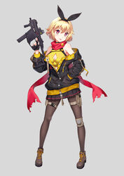  :p black_gloves black_pantyhose blonde_hair blush boots breasts buttons cleavage cleavage_cutout clothing_cutout commentary cross-laced_footwear female fingerless_gloves full_body gloves grey_background gun hairband hand_in_pocket head_tilt highres holding holding_gun holding_weapon jacket knee_pads kriss_vector ldfe_mk2 long_sleeves looking_at_viewer medium_breasts off_shoulder original pantyhose pink_eyes plaid plaid_skirt pouch red_scarf scarf short_hair simple_background skirt smile solo standing submachine_gun thigh_pouch tongue tongue_out trigger_discipline weapon zipper 