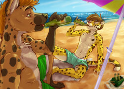  2016 alcohol anthro athletic beach beer beverage bottle brown_hair bulge closed_eyes clothed clothing container drinking duo felid green_eyes hair holding_bottle holding_container holding_object hyena jaggiekant jaggiekant_(character) jaguar male mammal navel outside pantherine reclining red_hair seaside sitting skimpy spots spotted_hyena standing swimming_trunks swimwear topless turner_(grafton) 