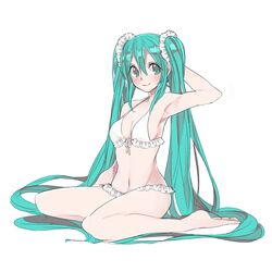  arm_up armpits bikini blush commentary_request female green_eyes green_hair hatsune_miku long_hair naruto_maki partial_commentary sitting smile solo swimsuit twintails very_long_hair vocaloid wariza white_bikini 