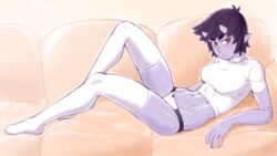  :&lt; abs bare_arms black_hair bow bow_panties breasts colored_skin commentary couch crop_top female full_body groin highres horns ittla large_breasts looking_at_viewer midriff navel no_shoes orange_eyes original panties pointy_ears purple_skin reclining shirt short_hair skin-covered_horns slit_pupils solo t-shirt thick_eyebrows thighhighs ume_(ittla) underwear white_shirt white_thighhighs 