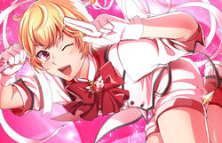  1boy battle_lover_scarlet binan_koukou_chikyuu_bouei-bu_love! blonde_hair blush commentary_request gloves hakone_yumoto hakonoyama magical_boy male_focus one_eye_closed open_mouth red_eyes shorts smile solo white_shorts 