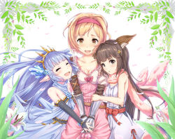  3girls animal_ears aster_(granblue_fantasy) blonde_hair blue_hair blush breasts brown_eyes brown_hair cleavage closed_eyes collarbone commentary_request djeeta_(granblue_fantasy) erune fighter_(granblue_fantasy) granblue_fantasy highres lily_(granblue_fantasy) long_hair looking_at_viewer medium_breasts midorinocha multiple_girls open_mouth pointy_ears short_hair small_breasts smile 