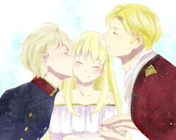  2boys aldnoah.zero asseylum_vers_allusia bad_id bad_pixiv_id blonde_hair blush cruhteo double_cheek_kiss female kissing kissing_cheek multiple_boys noah_(livas) photoshop_(medium) sandwiched slaine_troyard 