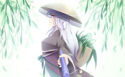  ajirogasa androgynous backpack bag bamboo breasts commentary_request female genderswap_(otf) hat herb_bundle highres japanese_clothes kimono large_breasts len&#039;en lenk64 light_purple_hair long_hair purple_eyes rule_63 shirami_souko 