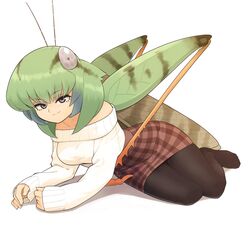  antennae arthropod_girl bare_shoulders breasts bug casual commentary evolvingmonkey female fingernails full_body grasshopper grasshopper_inoue green_hair grey_eyes highres legs_together light_smile long_sleeves looking_at_viewer lying medium_breasts medium_hair multicolored_hair no_shoes on_side original pantyhose plaid plaid_skirt ribbed_sweater simple_background skirt sleeves_past_wrists solo sweater two-tone_hair white_background 