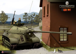  2girls caterpillar_tracks commentary english_commentary feline gun highres house is-3 machine_gun military military_vehicle motor_vehicle mountain multiple_girls official_art photoshop_(medium) shibafu_(glock23) sky tank tree wargaming_japan weapon world_of_tanks 