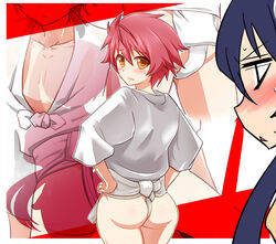  1boy ass blood blush commentary_request female fundoshi hands_on_own_hips japanese_clothes looking_back mitsuka_souji mizu_happi nosebleed ore_twintail_ni_narimasu red_hair short_hair tailred tango_(tn500) tsube_aika yellow_eyes 