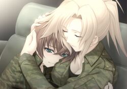  2girls aqua_eyes badge blonde_hair blue_eyes breast_pillow breasts brown_hair camouflage closed_eyes fikatsia_latrova game_cg hair_between_eyes hands_on_another&#039;s_head high_ponytail hug iizuki_tasuku large_breasts long_sleeves military military_uniform miyata_sou multiple_girls muv-luv muv-luv_alternative muv-luv_total_eclipse natasha_ivanova ponytail short_hair smile star_(symbol) uniform upper_body yuri 