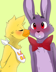  2017 absurd_res anthro anthrofied avian bib bird bonnie_(fnaf) bow_(feature) bow_tie chica_(fnaf) chicken closed_eyes cristalwolf567 digital_media_(artwork) duo eyelashes female five_nights_at_freddy&#039;s fur galliform gallus_(genus) hi_res kissing kissing_cheek lagomorph leporid male male/female mammal phasianid purple_body purple_fur rabbit red_eyes scottgames shy surprise_kiss yellow_body yellow_fur 