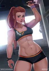  abs backlighting bad_id bad_pixiv_id bike_shorts blush breasts brigitte_(overwatch) brown_eyes brown_hair cleavage commentary english_commentary exercise_machine eyebrows eyelashes female green_sports_bra gym koshio lips looking_at_viewer muscular muscular_female navel nose overwatch overwatch_(logo) overwatch_1 patreon_username ponytail print_sports_bra short_shorts shorts sidelocks small_breasts solo sports_bra stomach toned twitter_username watch wristband wristwatch 