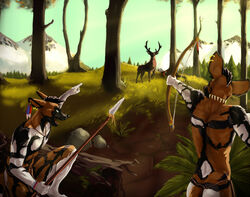  2016 abs african_wild_dog anthro antlers arrow_(weapon) black_hair blue_eyes bottomwear bow_(weapon) canid canine clothed clothing crouching deer detailed_background duo_focus ear_piercing feral forest group hair holding_object holding_weapon horn hunting jaggiekant jewelry loincloth male mammal melee_weapon mountain multiple_piercings nature necklace open_mouth outside piercing plant polearm ranged_weapon rear_view shooting sibling_(lore) skimpy standing tree tribal twins_(lore) weapon 