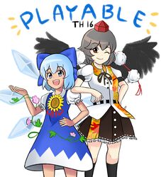  2girls :d ;) arm_on_another&#039;s_shoulder black_hair black_socks black_wings blue_dress blue_eyes blue_hair cirno commentary dress english_text fairy_wings flower gradient_ray hat hidden_star_in_four_seasons highres ice ice_wings kneehighs leaf_print multiple_girls one_eye_closed open_mouth pom_pom_(clothes) puffy_short_sleeves puffy_sleeves red_eyes ribbon shameimaru_aya shirt short_hair short_sleeves skirt smile socks sunflower tan tanned_cirno tokin_hat touhou upper_body wings 