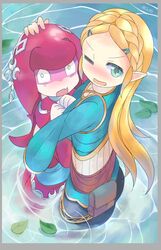  2girls ass blonde_hair blue_eyes blush commentary_request headpat hug looking_at_viewer mipha monster_girl multiple_girls oerba_yun_fang one_eye_closed open_mouth phibonnachee pointy_ears princess_zelda skin_fang smile the_legend_of_zelda the_legend_of_zelda:_breath_of_the_wild wading water wide-eyed zora 