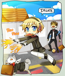  aegis_(persona) android blonde_hair blue_eyes bow bowtie bread bread_slice briefcase canine chibi commentary_request female finger_cannon firing food food_in_mouth gekkoukan_high_school_uniform kataro koromaru_(persona) late_for_school mouth_hold persona persona_3 road rooftop running school_uniform short_hair sky sleeping sleeping_upright sound_effects speech_bubble street toast toast_in_mouth wall yellow_eyes 