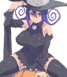  bare_shoulders black_thighhighs blair_(soul_eater) breasts brown_eyes commentary_request curly_hair detached_sleeves female hat highres large_breasts light_smile long_hair minakami_(flyingman555) parted_lips purple_hair simple_background solo soul_eater spread_legs thighhighs thighs white_background witch_hat 