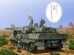  ... 3girls ? a_tyu blonde_hair boots caterpillar_tracks commentary_request crop_top day desert grass gun helmet knee_boots leopard_2 long_hair looking_afar map midriff military military_uniform military_vehicle motor_vehicle multiple_girls navel original outdoors over_shoulder rifle short_hair sky soldier spoken_ellipsis tank translated tree twintails uniform weapon weapon_over_shoulder 