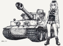  ankle_boots ballpoint_pen_(medium) boots closed_mouth coat coat_on_shoulders commentary_request cross-laced_footwear crossed_arms dress_shirt female frown garrison_cap girls_und_panzer hat highres insignia itsumi_erika jacket kuromorimine_military_uniform long_sleeves looking_at_viewer medium_hair military military_hat military_uniform military_vehicle miniskirt motor_vehicle nspa_(spa-jcs) partial_commentary pleated_skirt shirt skirt socks solo standing tank tiger_i traditional_media twitter_username uniform vehicle_focus wing_collar 