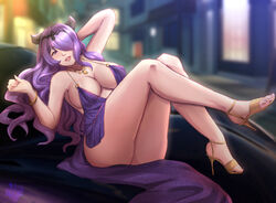  alternate_costume arm_up artist_logo blurry blurry_background breasts brown_footwear camilla_(fire_emblem) collarbone commentary depth_of_field dress english_commentary evening_gown eyelashes feet female fire_emblem fire_emblem_fates hair_over_one_eye hairband hand_up high_heels highres jewelry knees_together_feet_apart knees_up large_breasts legs long_hair looking_at_viewer lying mixed-language_commentary necklace on_back on_vehicle open_mouth parted_bangs plunging_neckline purple_dress purple_eyes purple_hair revealing_clothes rinku_bny shadow sidelocks signature solo strappy_heels thighs toenails toes 