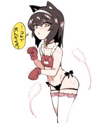  animal_ears aomushi_(mushamusha) black_hair blush cat_cutout cat_ear_panties cat_ears cat_girl cat_lingerie clothing_cutout female girls_und_panzer highres long_hair looking_at_viewer meme_attire navel panties paw_pose reizei_mako side-tie_panties solo translated underwear yellow_eyes 