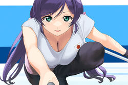  a1_(initial-g) black_pants breast_press breasts cleavage commentary curling curling_broom curling_stone dot_nose female foreshortening green_eyes hair_ornament hair_scrunchie japan japanese_flag_print large_breasts long_hair looking_at_viewer love_live! love_live!_school_idol_project low_twintails pants parted_lips purple_hair scrunchie shirt short_sleeves solo swept_bangs tojo_nozomi twintails white_shirt 