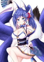  absurdres animal_ear_fluff animal_ears azur_lane bare_shoulders blue_ribbon breasts cleavage closed_mouth commentary_request cowboy_shot degawa1121 female flower folding_fan fox_ears fox_tail fur_scarf hair_flower hair_ornament hand_fan highres holding holding_fan jintsuu_(azur_lane) large_breasts obi ponytail ribbon sash simple_background smile solo standing standing_on_one_leg tail tsurime white_background wide_sleeves 