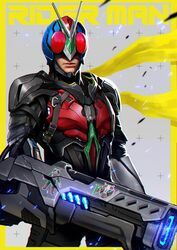  1boy absurdres arm_cannon armor belt commentary_request cyborg gloves helmet highres kamen_rider kamen_rider_v3 kamen_rider_v3_(series) keen_fai male_focus mechanical_arms power_armor red_eyes riderman scarf single_mechanical_arm solo sticker tokusatsu weapon yellow_scarf 