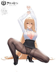  absurdres arms_up azur_lane black_footwear black_panties black_pantyhose black_skirt blonde_hair blush breasts chinese_commentary cleavage clothes_lift collared_shirt commentary_request copyright_name dress_shirt feet female full_body hair_between_eyes heel_pop high-waist_skirt high_heels highres implacable_(azur_lane) implacable_(shepherd_of_the_&quot;lost&quot;)_(azur_lane) lace lace_panties large_breasts legs logo long_hair long_sleeves looking_at_viewer nanqizizhou no_bra office_lady official_alternate_costume open_clothes open_shirt panties panties_under_pantyhose pantyhose parted_lips pencil_skirt red_eyes shirt shirt_tucked_in simple_background skirt skirt_lift solo spread_legs squatting straight_hair thighband_pantyhose tiptoes underwear very_long_hair white_background white_shirt wing_collar 