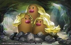  2016 alolan_dugtrio alolan_form black_eyes blonde_hair cave long_hair match_(idleslumber) pokemon pokemon_trading_card_game rock short_hair watermark 