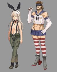  1boy big_boss big_boss_(cosplay) black_hairband black_panties closed_mouth cosplay costume_switch elbow_gloves female full_body gloves hair_ornament hairband highleg highleg_panties highres ikuyoan kantai_collection long_hair looking_at_viewer metal_gear_(series) metal_gear_solid_3:_snake_eater miniskirt naked_snake navel panties shimakaze_(kancolle) shimakaze_(kancolle)_(cosplay) simple_background skirt striped thighhighs underwear white_gloves 