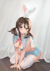  :o animal_ears arm_support bare_arms bare_shoulders between_legs blue_shirt blue_skirt bra breasts brown_eyes brown_hair commentary_request curtains fake_animal_ears female frilled_shirt_collar frills full_body hair_between_eyes head_tilt heart highres instagram_username kneeling looking_at_viewer low_twintails medium_breasts medium_hair miniskirt neck_ribbon no_shoes rabbit_ears real_life red_ribbon ribbon seozo shiny_skin shirt sidelocks skirt sleeveless solo thighhighs twintails twitter_username underwear v_arms white_bra white_theme white_thighhighs 