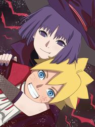  1boy blonde_hair blue_eyes blue_hair boruto:_naruto_next_generations facial_mark female highres kakei_sumire mile_borusumi naruto naruto_(series) purple_eyes purple_hair uzumaki_boruto whisker_markings whiskers 