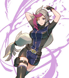  arms_behind_head belt bessho_emma black_gloves black_thighhighs bodysuit breasts commentary_request female fingerless_gloves full-length_zipper ghost_girl_(yu-gi-oh!_vrains) gloves grey_hair large_breasts long_hair looking_at_viewer loose_belt low-tied_long_hair multicolored_hair one_eye_closed pink_lips pouch purple_eyes purple_hair short_sleeves solo teryusake thigh_pouch thigh_strap thighhighs two-tone_hair very_long_hair wince yu-gi-oh! yu-gi-oh!_vrains zipper zipper_pull_tab 