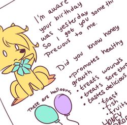  balloon birthday_card card english_text feral fiddleafox food fur generation_1_pokemon hajime_(fiddleafox) honey_(food) inflatable informative male multi_tail ninetales nintendo pokemon pokemon_(species) scarf simple_background solo t-pose tail text yellow_body yellow_fur 