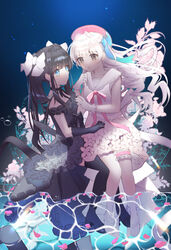  2girls air_bubble arcaea bad_id bad_pixiv_id beret black_dress black_footwear black_gloves black_hair black_legwear blue_eyes boots bow brown_eyes bubble choker collarbone diamond_(shape) dress elbow_gloves flower frilled_dress frilled_gloves frilled_sleeves frills full_body gem gloves hair_intakes hair_ornament hairbow hat high_heel_boots high_heels highres hikari_(arcaea) looking_at_another multiple_girls partially_submerged petals petals_on_liquid pumps ribbon ribbon_choker rose sailor_collar shoes tairitsu_(arcaea) thigh_strap thighhighs twintails underwater white_bow white_flower white_footwear white_gloves white_hair white_rose yagen_(user_mxur3238) 