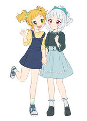  2girls :d absurdres aikatsu!_(series) aikatsu_stars! bad_id bad_twitter_id black_footwear blonde_hair blue_bow blue_dress blue_footwear blue_skirt bow closed_mouth dress eye_contact green_bow green_eyes green_legwear grey_hair grey_shirt hairbow highres holding_hands long_sleeves looking_at_another medium_hair multiple_girls nikaido_yuzu open_mouth pinafore_dress polka_dot polka_dot_bow ponytail red_eyes round_teeth sekina shirogane_lily shirt shoes skirt sleeveless sleeveless_dress smile socks standing standing_on_one_leg strap_slip striped_clothes striped_socks teeth twintails upper_teeth_only white_socks yellow_shirt 