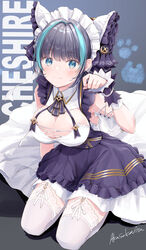  akasaka_asa animal_ears arm_up azur_lane black_hair blue_hair breasts cat_ears cheshire_(azur_lane) closed_mouth female highres kneeling large_breasts maid maid_headdress multicolored_hair solo thighhighs two-tone_hair wrist_cuffs 