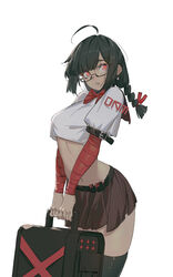  absurdres ahoge bag bandaged_arm bandages belt belt_buckle black-framed_eyewear black_belt black_hair black_thighhighs bow bowtie braid brown_skirt buckle commentary crop_top cropped_shirt cross cross_earrings earrings female glasses highres holding holding_bag huang_(volt0526) jewelry long_hair looking_at_viewer midriff miniskirt navel original pleated_skirt puffy_short_sleeves puffy_sleeves red_bow red_bowtie red_eyes shirt short_sleeves simple_background skirt solo standing stomach thighhighs twin_braids twintails white_background white_shirt 