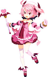  ahoge choker demon_girl demon_tail demon_wings detached_sleeves disgaea dress female full_body gloves harada_takehito hat holding holding_wand low_wings majolaine_(disgaea) makai_senki_disgaea_6 mary_janes oerba_yun_fang official_art open_mouth pink_dress pink_gloves pink_hair pink_tail pink_theme pink_wings pointy_ears red_choker red_eyes red_footwear shoes short_hair side_ponytail simple_background solo spaghetti_strap tail thighhighs wand white_background white_thighhighs wings zettai_ryouiki 