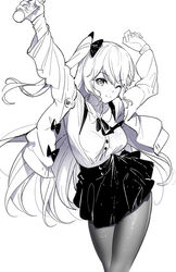  ;q arms_up bow breasts closed_mouth collared_shirt dress_shirt emily_stock english_text female greyscale hair_between_eyes hairbow holding jacket long_hair long_sleeves looking_at_viewer medium_breasts monochrome one_eye_closed one_side_up open_clothes open_jacket original outstretched_arm pantyhose pleated_skirt ririko_(zhuoyandesailaer) shirt sidelocks simple_background skirt smile solo tongue tongue_out very_long_hair white_background 