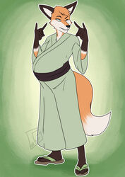  anthro asian_clothing canid canine clothing east_asian_clothing footwear fox fur japanese_clothing kimono male mammal one_eye_closed orange_body orange_fur pregnant pregnant_anthro pregnant_male randomgirl1265 sandals smile solo wink 